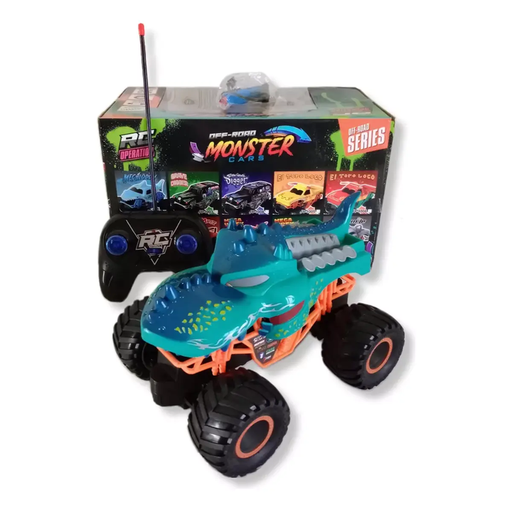 Monster Truck RC con diseño de dinosaurio, control remoto y neumáticos todoterreno. Ideal para aventuras extremas en cualquier superficie.