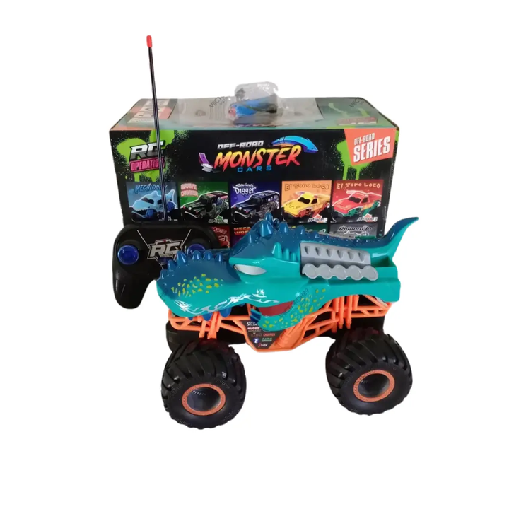 Monster Truck RC con diseño de dinosaurio, control remoto y neumáticos grandes para todo terreno. Ideal para niños de 5 años en adelante.